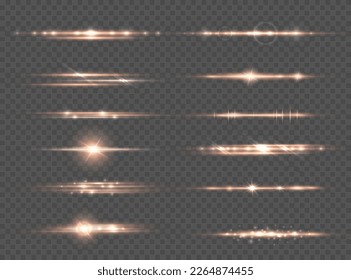 Lens flare and glowing, isolated transparent background of horizontal burst of bright flame or light. Glisten and shining effect vector illustration