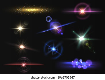 Lens Flare Light. Digital Overlaid Shining Colorful Effects Collection, Artistic Camera Flash, Realistic Sun And Stars Glowing, Sparkle Fiction Magic Glare. Vector Isolated On Black Set