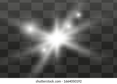 Lens flare. Light effect glow. White glitter and lens flare. Sunlight and flash. Set of isolated vector illustrations on a transparent background.