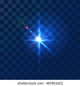 Lens flare light effect on blue background. Vector