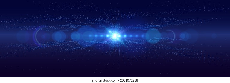 Lens Flare Light Effect and Perspective Grid Particles. Big Data Technology Science Background. Ultrawide Wallpaper. 3D Technology Dots Vector Illustration.