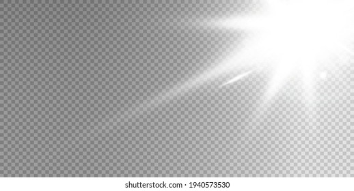 Efecto de la luz de la lente. Los rayos solares con vigas aisladas en un fondo transparente. Ilustración vectorial.