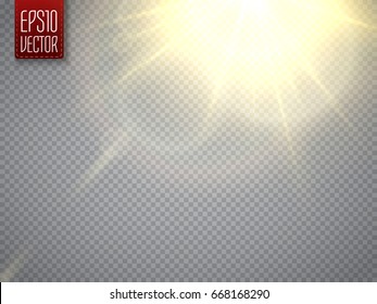 Lens flare light effect. Sun rays with beams isolated on transparent background. Vector illustration. 