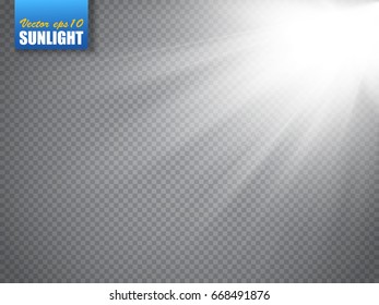 Lens flare light effect. Sun rays with  beams isolated on transparent background. Vector illustration. 