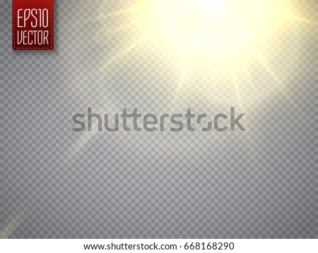 Lens flare light effect. Sun rays with beams isolated on transparent background. Vector illustration. 