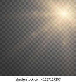 Lens flare light effect. Sunlight a translucent special design of the light effect. Sun rays with beams isolated on transparent background. Yellow detonation effect. Vector illustration.