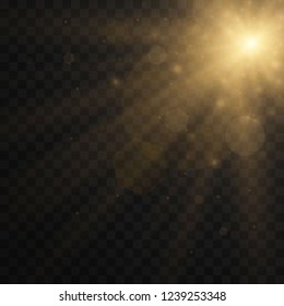 Lens flare light effect. Sunlight a translucent special design of the light effect. Sun rays with beams isolated on transparent background. Yellow detonation effect. Vector illustration.