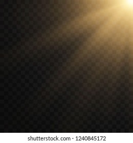 Lens flare light effect. Sunlight a translucent special design of the light effect. Sun rays with beams isolated on transparent background. Yellow detonation effect. Vector illustration.