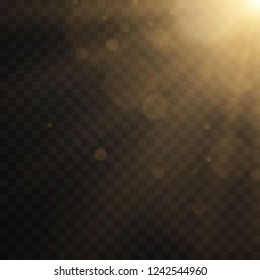 Lens flare light effect. Sunlight a translucent special design of the light effect. Sun rays with beams isolated on transparent background. Yellow detonation effect. Vector illustration.