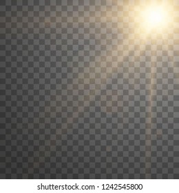Lens flare light effect. Sunlight a translucent special design of the light effect. Sun rays with beams isolated on transparent background. Yellow detonation effect. Vector illustration.