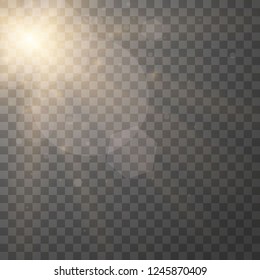 Lens flare light effect. Sunlight a translucent special design of the light effect. Sun rays with beams isolated on transparent background. Yellow detonation effect. Vector illustration.