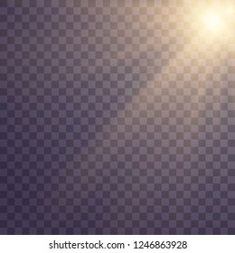Lens flare light effect. Sunlight a translucent special design of the light effect. Sun rays with beams isolated on transparent background. Yellow detonation effect. Vector illustration.