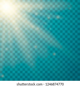 Lens flare light effect. Sunlight a translucent special design of the light effect. Sun rays with beams isolated on transparent background. Yellow detonation effect. Vector illustration.