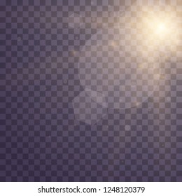 Lens flare light effect. Sunlight a translucent special design of the light effect. Sun rays with beams isolated on transparent background. Yellow detonation effect. Vector illustration.
