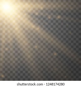 Lens flare light effect. Sunlight a translucent special design of the light effect. Sun rays with beams isolated on transparent background. Yellow detonation effect. Vector illustration.