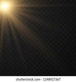 Lens flare light effect. Sunlight a translucent special design of the light effect. Sun rays with beams isolated on transparent background. Yellow detonation effect. Vector illustration.