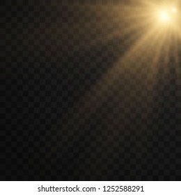 Lens flare light effect. Sunlight a translucent special design of the light effect. Sun rays with beams isolated on transparent background. Yellow detonation effect. Vector illustration.