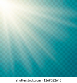 Lens flare light effect. Sunlight a translucent special design of the light effect. Sun rays with beams isolated on transparent background. Yellow detonation effect. Vector illustration.