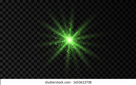 Lens flare. Light glow effect. Green sparkle and glare object. Isolated vector illustration on transparent background.