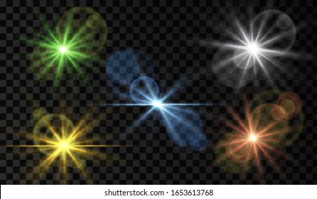 Lens flare. Light glow effect. Sparkle and glare object. Isolated vector illustration on transparent background.