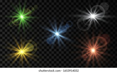 Lens flare. Light glow effect. Sparkle and glare object. Isolated vector illustration on transparent background.
