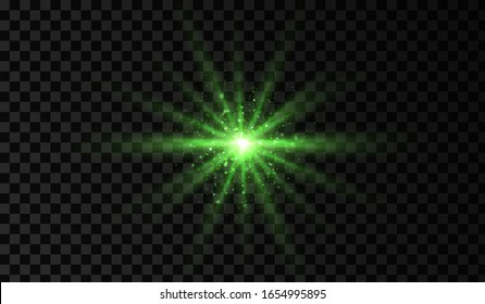 Lens flare. Light glow effect. Green sparkle and glare object. Isolated vector illustration on transparent background.