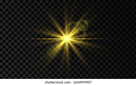  Se enciende la lente. Efecto luminoso. Objeto espumoso dorado y brillante. Ilustración vectorial aislada en fondo transparente.