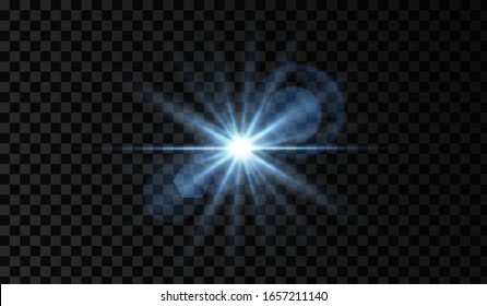 Lens flare. Light glow effect. Blue sparkle and glare object. Isolated vector illustration on transparent background.