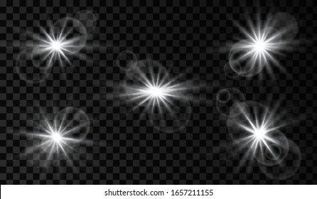  Se enciende la lente. Efecto luminoso. Blanco espumoso y objeto brillante. Ilustración vectorial aislada en fondo transparente.