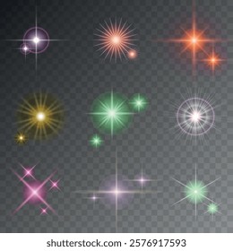 Lens Flare, light glow effect. sun or realistic shining star with backlight effect. bokeh glitter and sparkles or sparkles on transparent background.