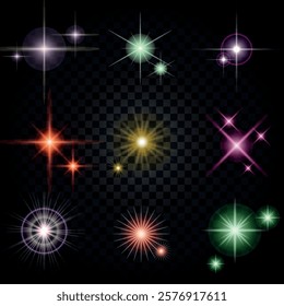 Lens Flare, light glow effect. sun or realistic shining star with backlight effect. bokeh glitter and sparkles or sparkles on transparent background.