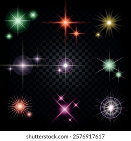 Lens Flare, light glow effect. sun or realistic shining star with backlight effect. bokeh glitter and sparkles or sparkles on transparent background.