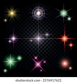 Lens Flare, light glow effect. sun or realistic shining star with backlight effect. bokeh glitter and sparkles or sparkles on transparent background.