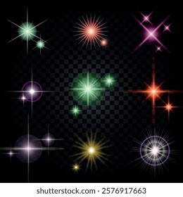 Lens Flare, light glow effect. sun or realistic shining star with backlight effect. bokeh glitter and sparkles or sparkles on transparent background.