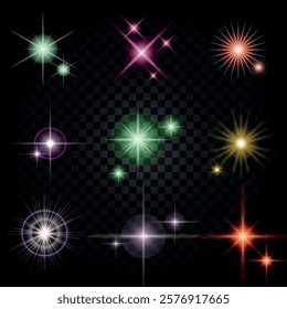 Lens Flare, light glow effect. sun or realistic shining star with backlight effect. bokeh glitter and sparkles or sparkles on transparent background.