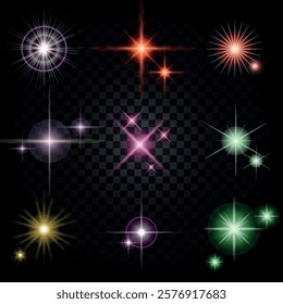 Lens Flare, light glow effect. sun or realistic shining star with backlight effect. bokeh glitter and sparkles or sparkles on transparent background.