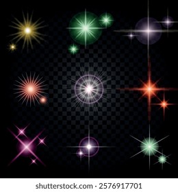 Lens Flare, light glow effect. sun or realistic shining star with backlight effect. bokeh glitter and sparkles or sparkles on transparent background.