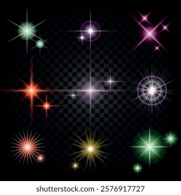 Lens Flare, light glow effect. sun or realistic shining star with backlight effect. bokeh glitter and sparkles or sparkles on transparent background.