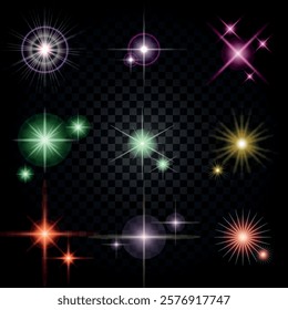 Lens Flare, light glow effect. sun or realistic shining star with backlight effect. bokeh glitter and sparkles or sparkles on transparent background.