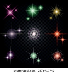 Lens Flare, light glow effect. sun or realistic shining star with backlight effect. bokeh glitter and sparkles or sparkles on transparent background.