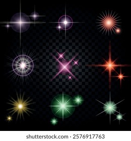Lens Flare, light glow effect. sun or realistic shining star with backlight effect. bokeh glitter and sparkles or sparkles on transparent background.