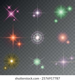 Lens Flare, light glow effect. sun or realistic shining star with backlight effect. bokeh glitter and sparkles or sparkles on transparent background.