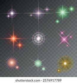 Lens Flare, light glow effect. sun or realistic shining star with backlight effect. bokeh glitter and sparkles or sparkles on transparent background.