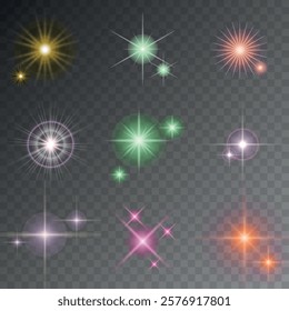 Lens Flare, light glow effect. sun or realistic shining star with backlight effect. bokeh glitter and sparkles or sparkles on transparent background.