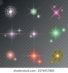 Lens Flare, light glow effect. sun or realistic shining star with backlight effect. bokeh glitter and sparkles or sparkles on transparent background.