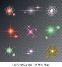 Lens Flare, light glow effect. sun or realistic shining star with backlight effect. bokeh glitter and sparkles or sparkles on transparent background.