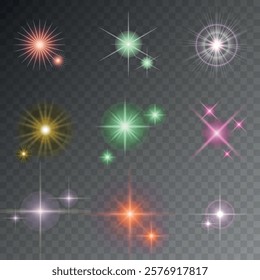 Lens Flare, light glow effect. sun or realistic shining star with backlight effect. bokeh glitter and sparkles or sparkles on transparent background.