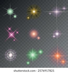Lens Flare, light glow effect. sun or realistic shining star with backlight effect. bokeh glitter and sparkles or sparkles on transparent background.