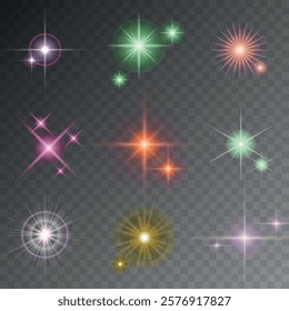 Lens Flare, light glow effect. sun or realistic shining star with backlight effect. bokeh glitter and sparkles or sparkles on transparent background.