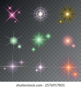 Lens Flare, light glow effect. sun or realistic shining star with backlight effect. bokeh glitter and sparkles or sparkles on transparent background.